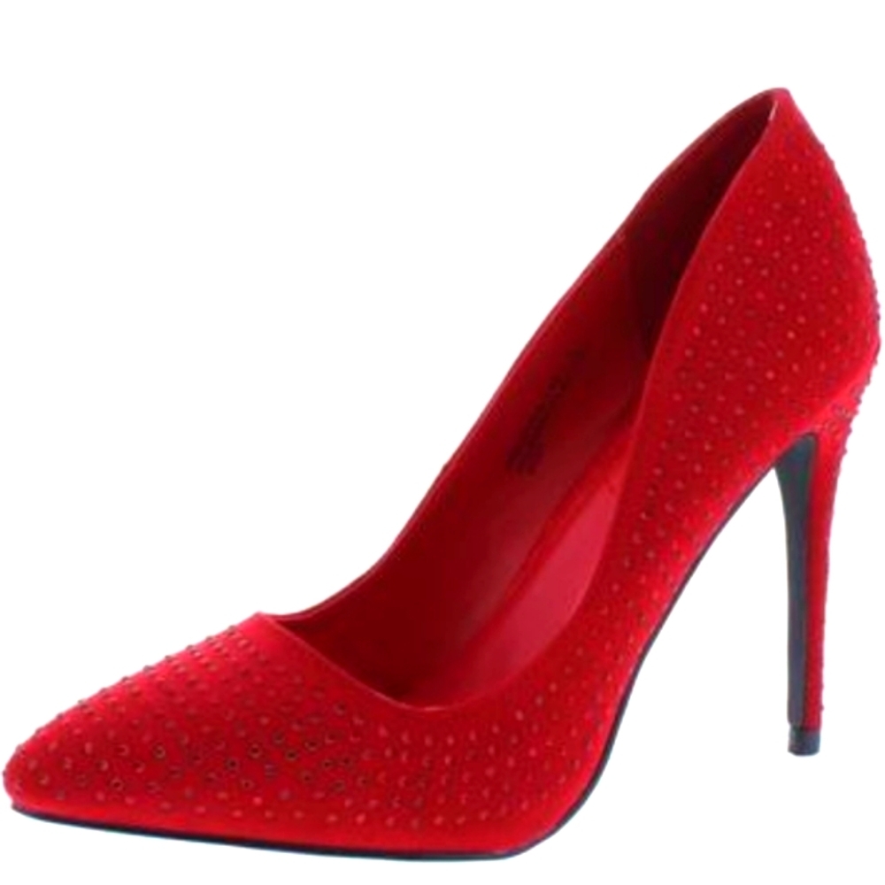 Red Studded Pointed-Toe High Heel Pump